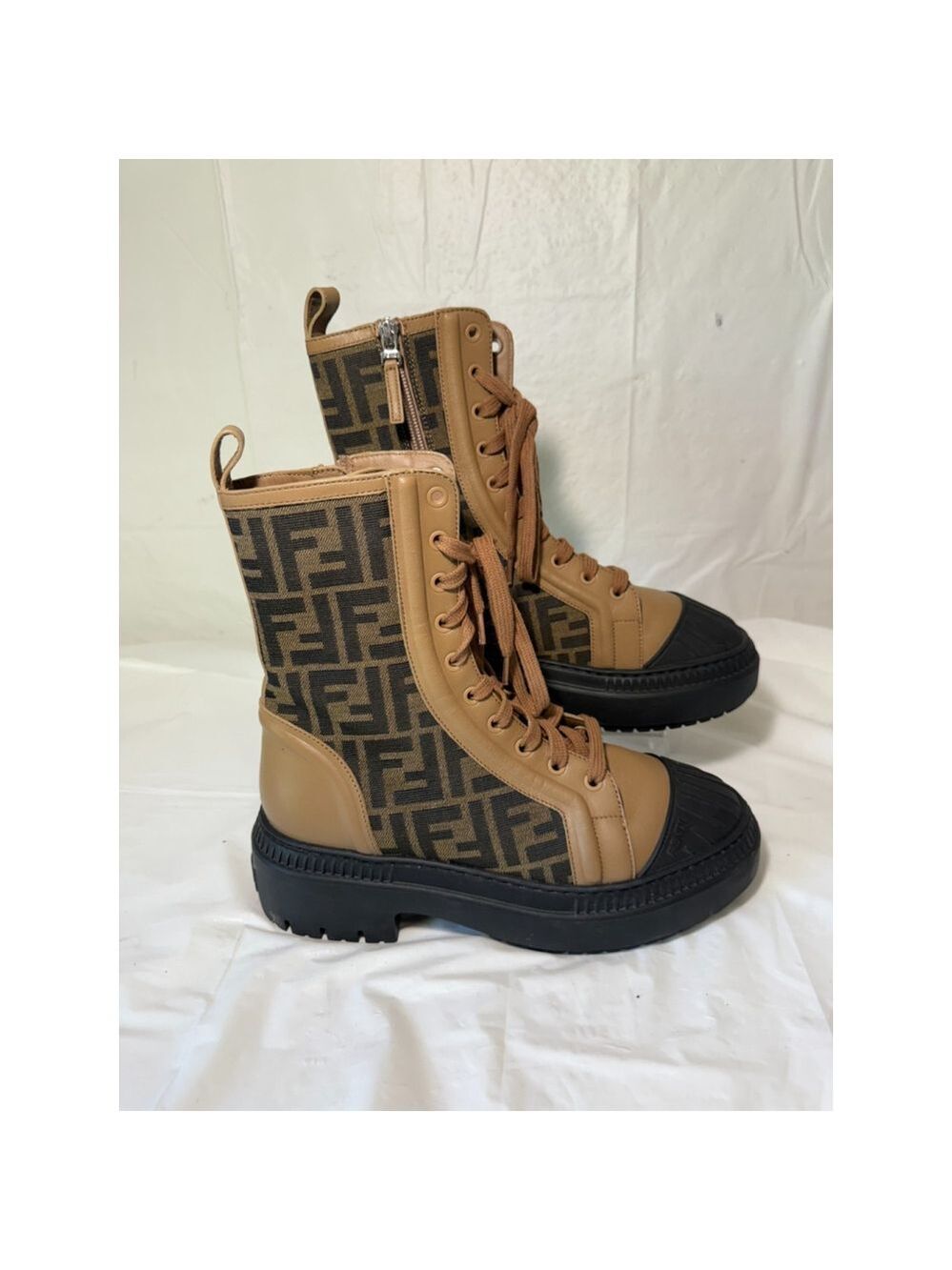 FENDI Domino Signature FF Logo Cap Toe Lace Up Biker Combat Ankle Boots